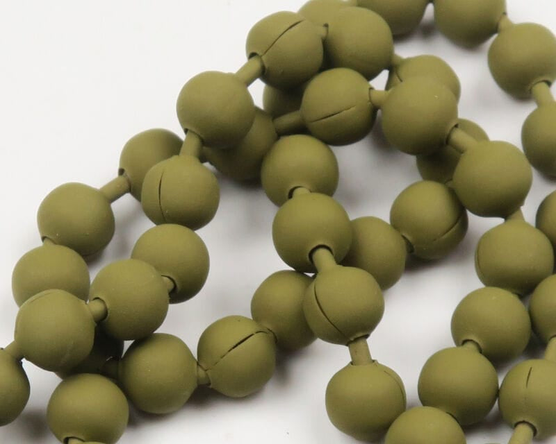 Olive drab matte bead chain for fly tying with connected round split beads and short rod links, rubbery finish