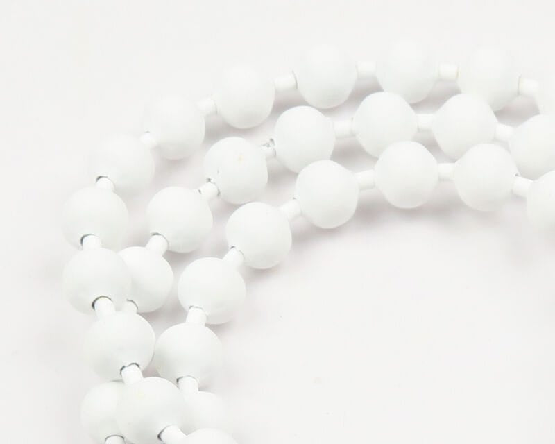 White matte bead chain with round plastic beads joined by small metal links, Chicone's Stealth for fly tying