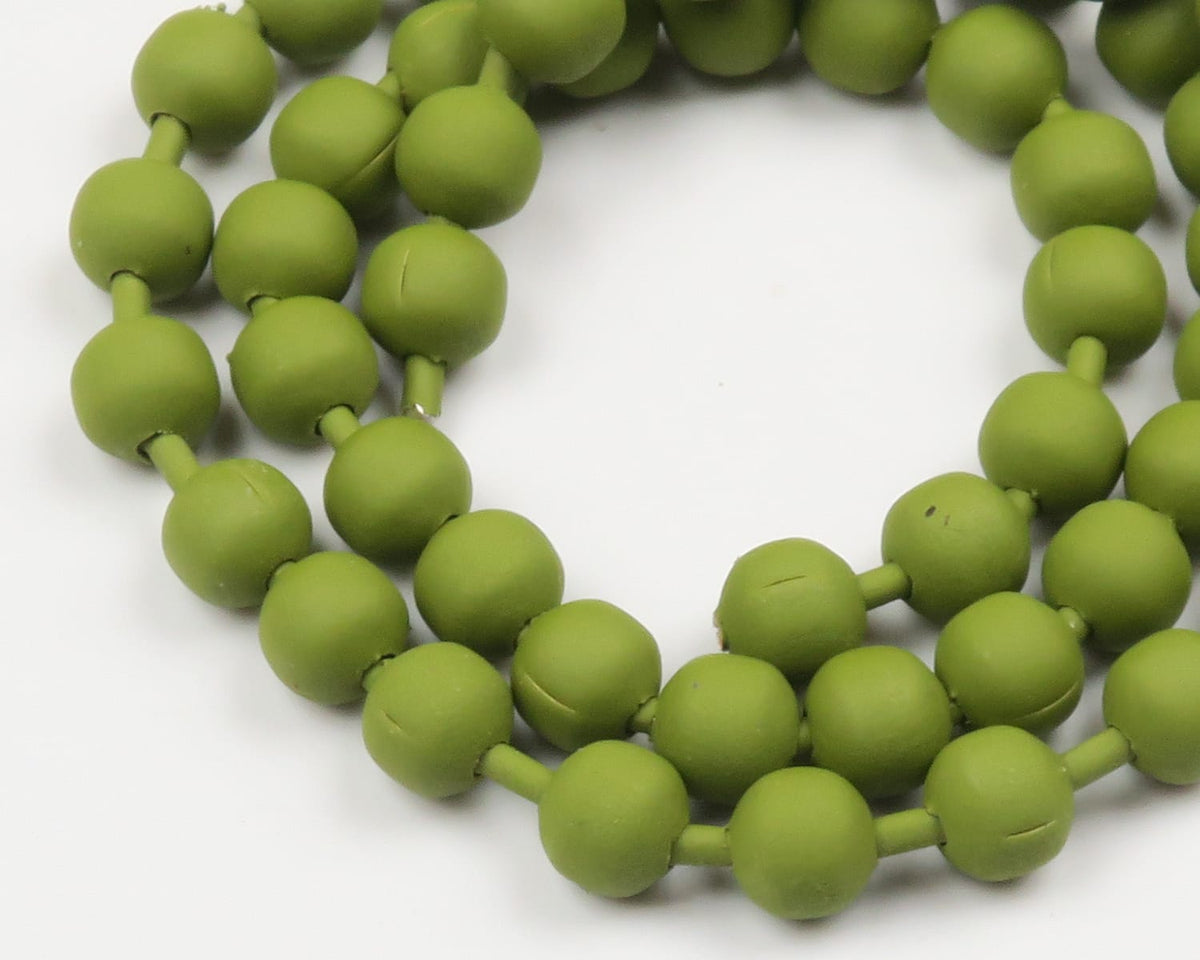 Olive green matte bead chain with linked round beads and short connectors, Chicone's stealth bead chain for fly tying