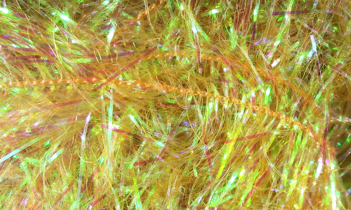 Gold-yellow iridescent synthetic fibers with green and pink highlights, Chocklett's filler flash for fly tying