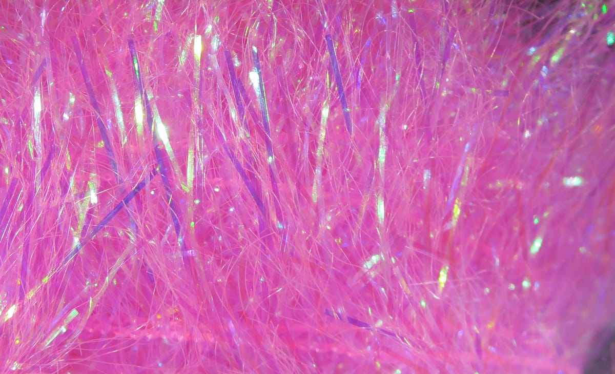 Pink iridescent synthetic fibers with thin holographic flash strands, Chocklett's Filler Flash fly tying material