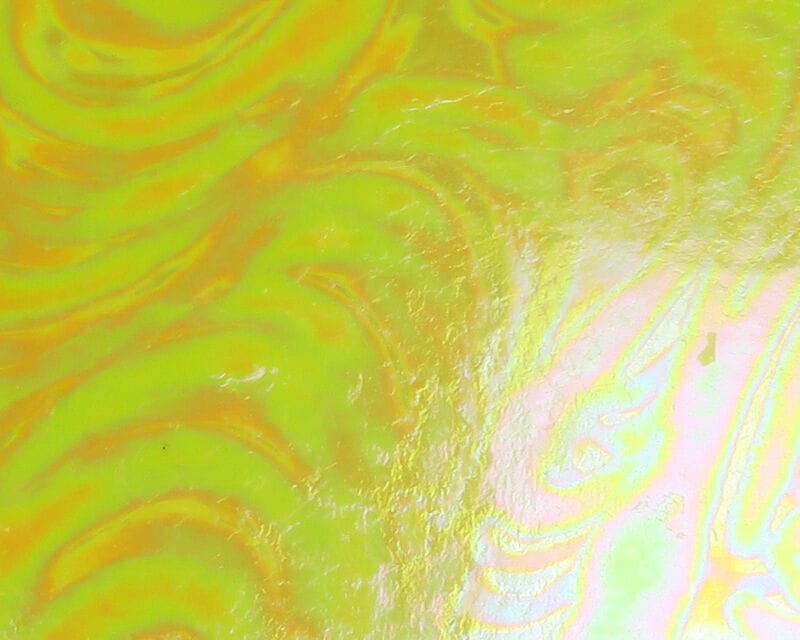 Chartreuse iridescent Loco Foam sheet with glossy swirled orange-pink highlights, used for fly tying