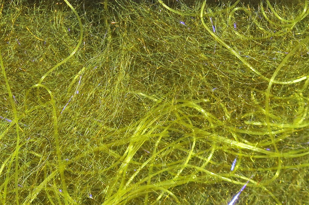 Chartreuse olive Cohen's Carp Dub fly tying dubbing with fine fibrous strands and shiny iridescent flash