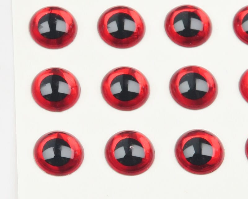 Red 3D adhesive holographic eyes for fly tying, glossy domed red surround with black pupils on white backing