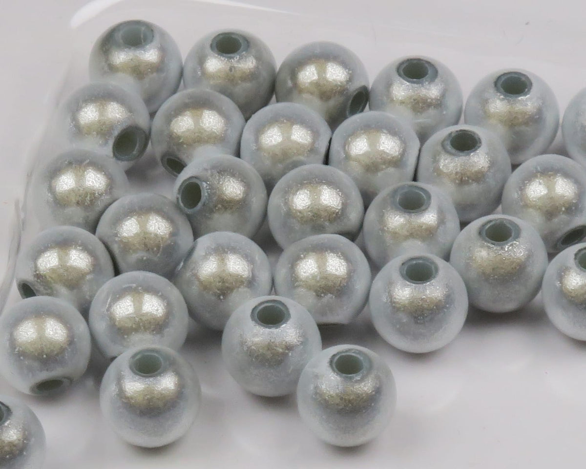 Hareline 3D pale gray translucent round beads with metallic silver cores and center holes, fly tying beads