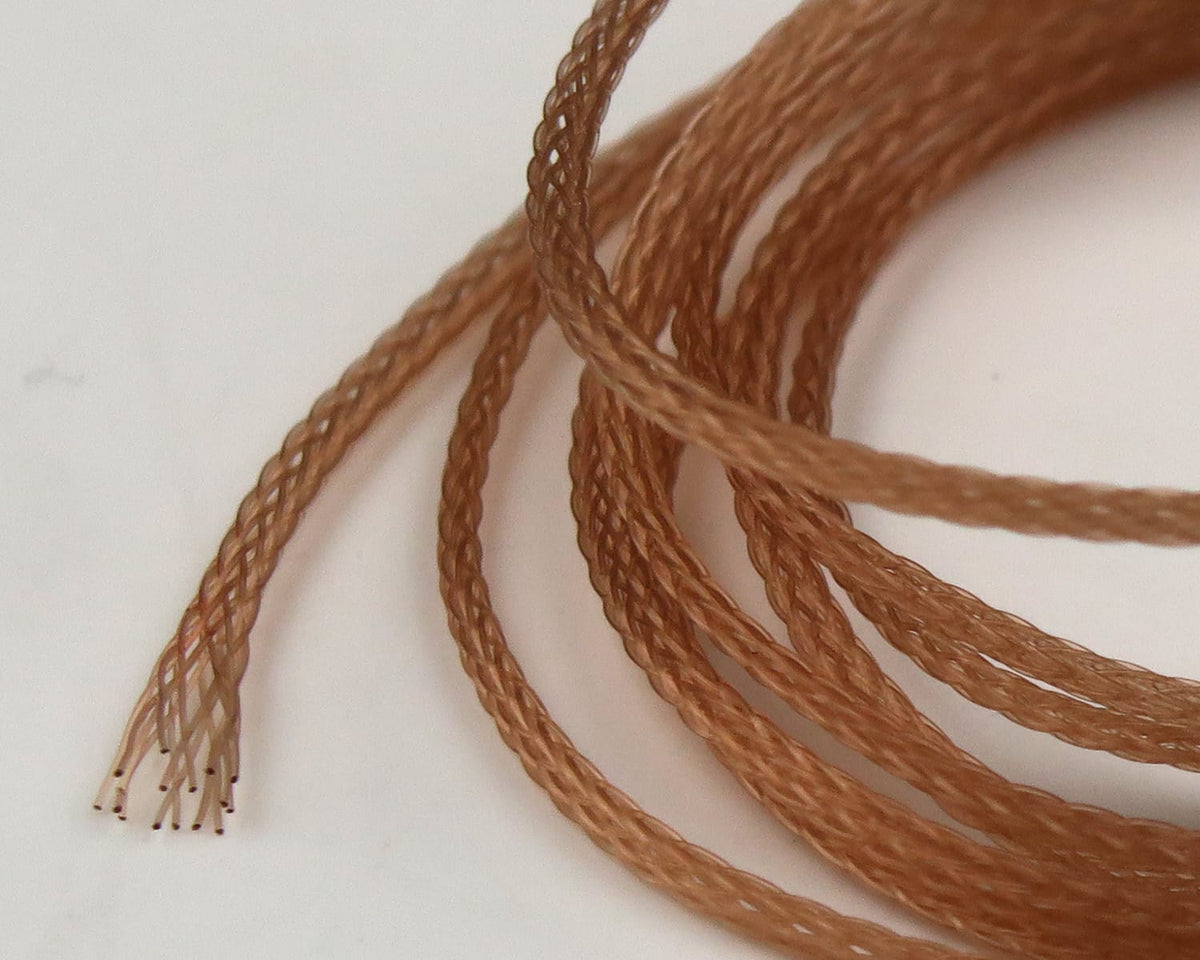Hareline tan copper braided synthetic damsel body for fly tying, hollow braided tube with multi-strand black-tipped ends