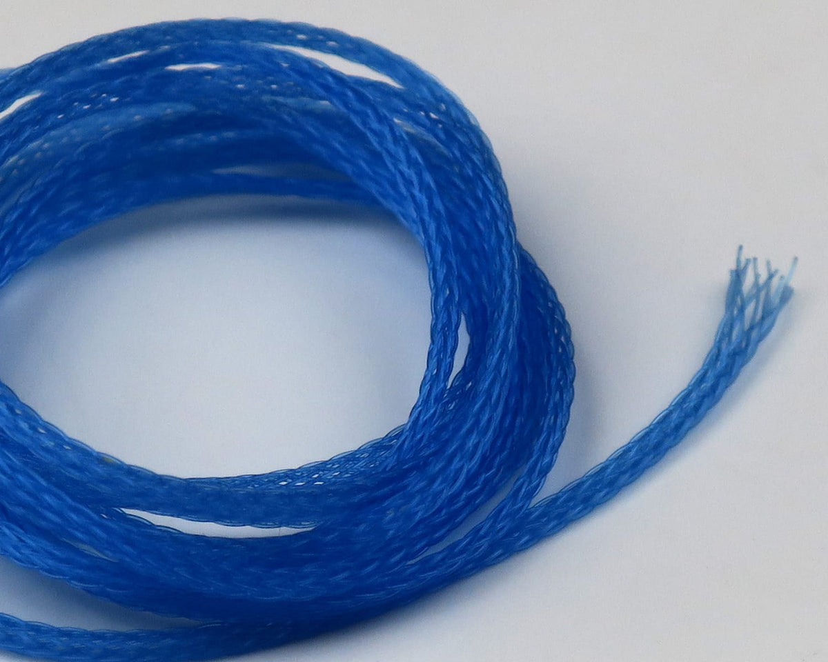 Bright blue braided synthetic damsel body tubing coiled, glossy nylon-style strand for fly tying