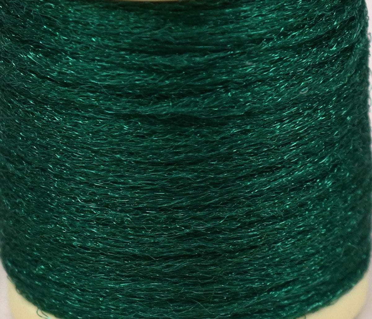 Emerald green Hareline Antron yarn spool with shimmery synthetic fibers, textured fly tying material