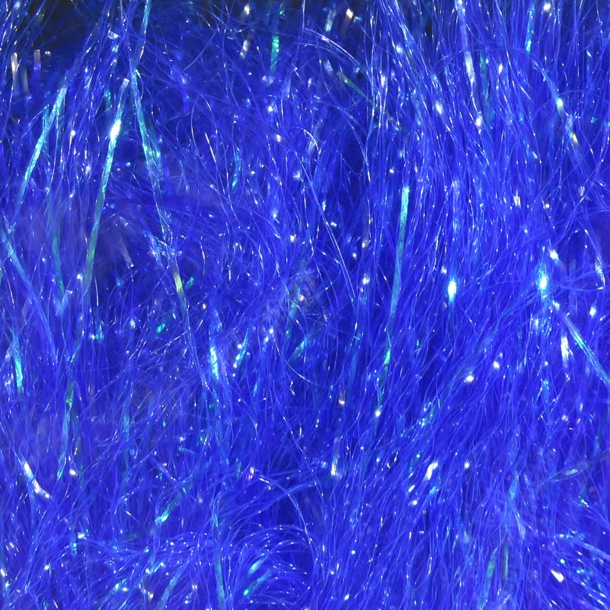 Bright blue Hareline flash fibers, iridescent synthetic strands with fine shimmery tinsel for fly tying