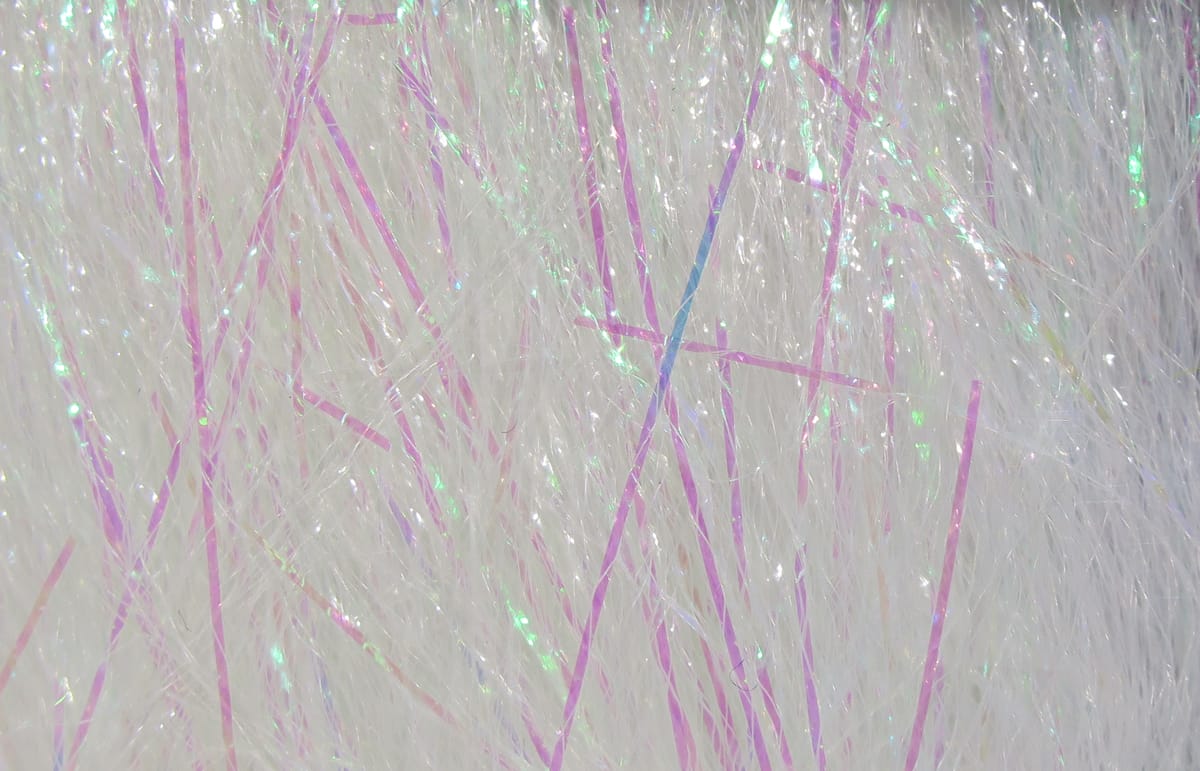 White iridescent synthetic flash fibers with pale pink and purple tinsel strands, baitfish emulator fly tying material