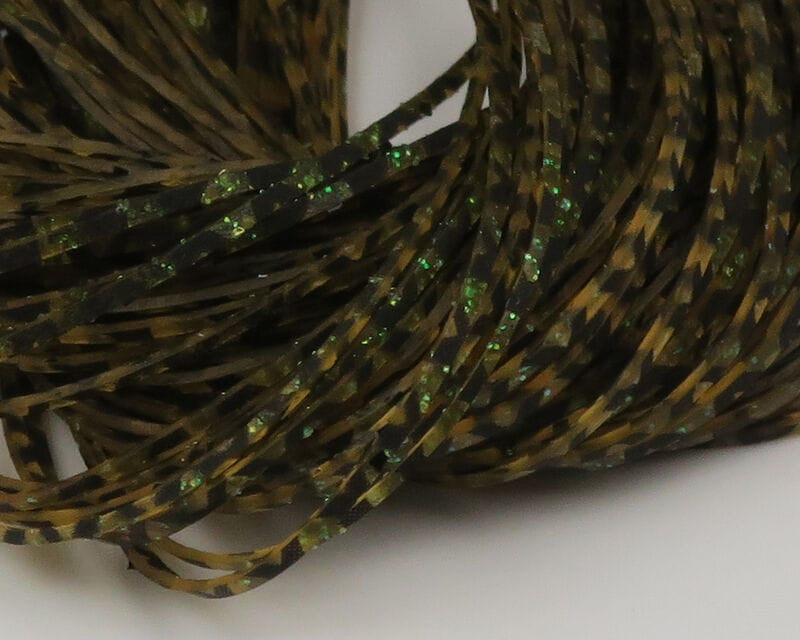 Olive brown barred synthetic rubber fly tying legs with green iridescent flakes, coiled strands