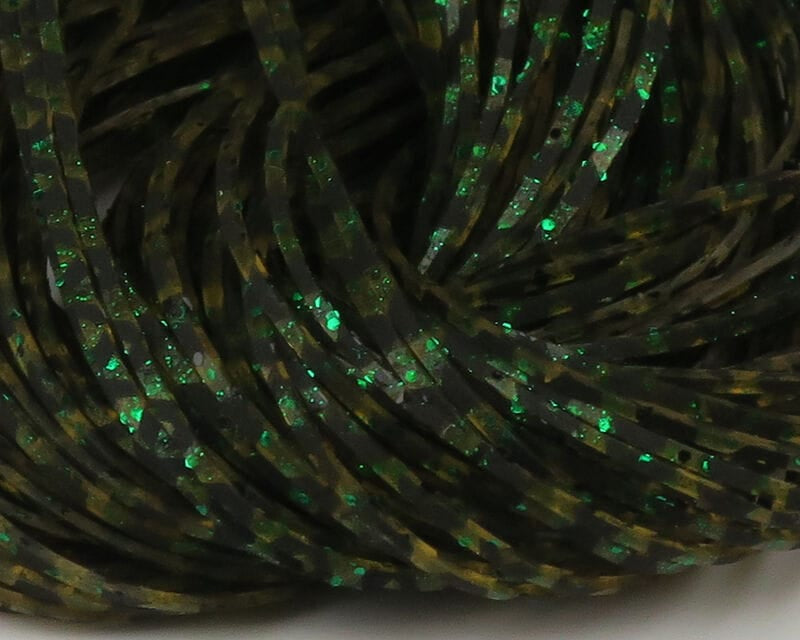 Hareline Barred Crazy Legs rubber legs in olive brown with black bars and green iridescent glitter for fly tying