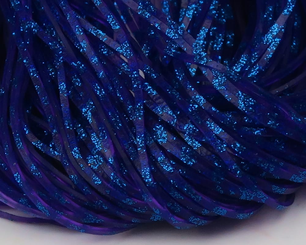 Hareline Barred Crazy Legs deep purple rubber strands with blue glitter barring, flashy fly tying material