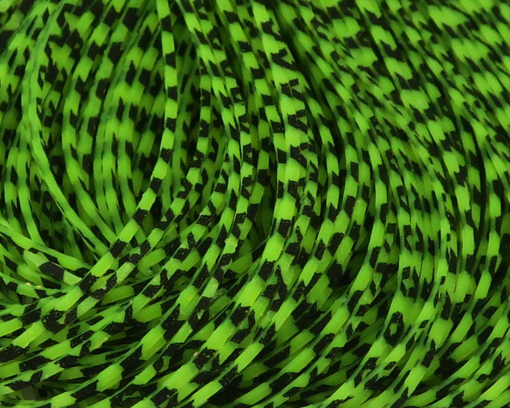 Chartreuse and black barred Hareline Crazy Legs coiled rubber leg strips for fly tying, high-contrast striped material