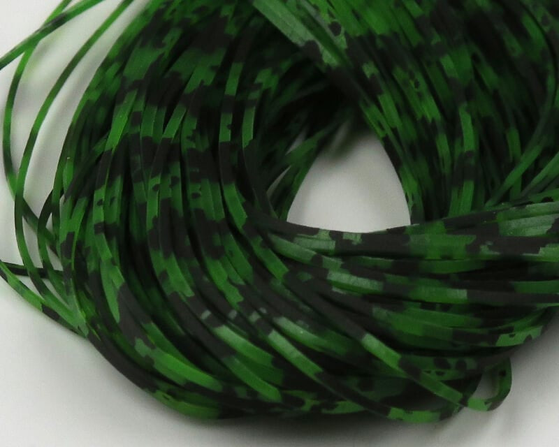 Green and black barred speckled Hareline Crazy Legs rubber legs coil for fly tying, thin flexible synthetic strips