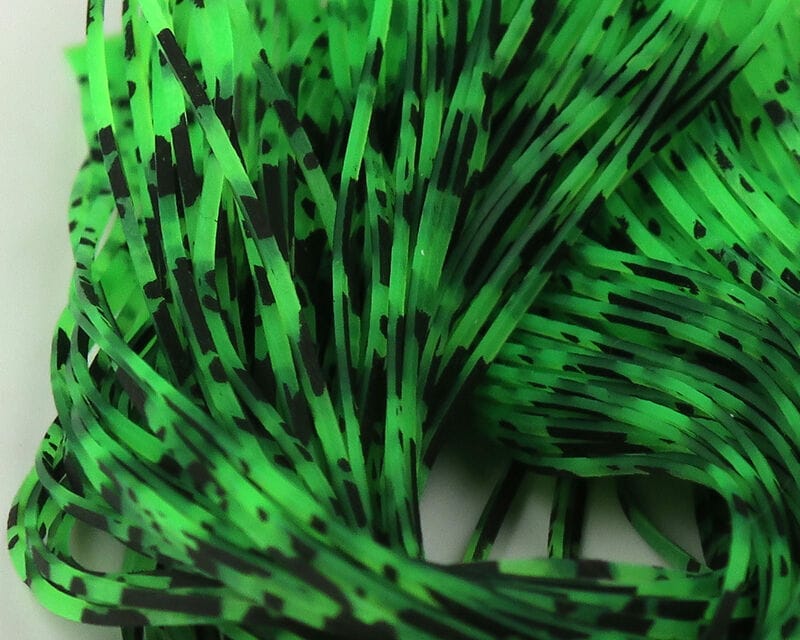 Neon green barred and speckled rubber Crazy Legs strands with black bars, flat synthetic fly tying legs