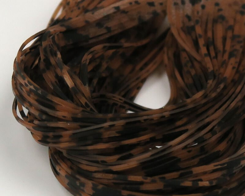 Hareline brown and black barred speckled Crazy Legs thin flat rubber strands for fly tying