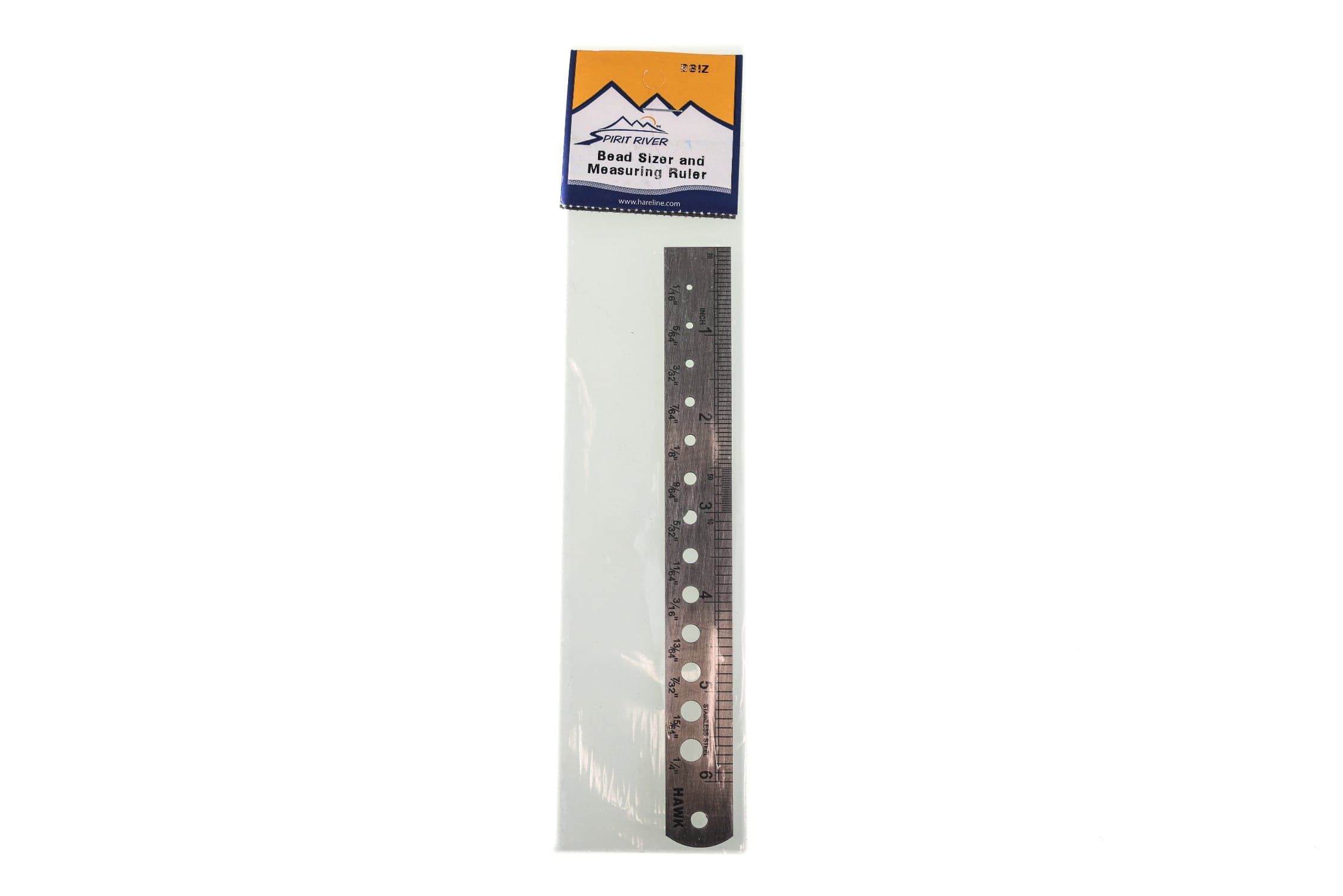 Stainless steel bead sizer ruler with round holes and inch markings in clear sleeve with blue orange header
