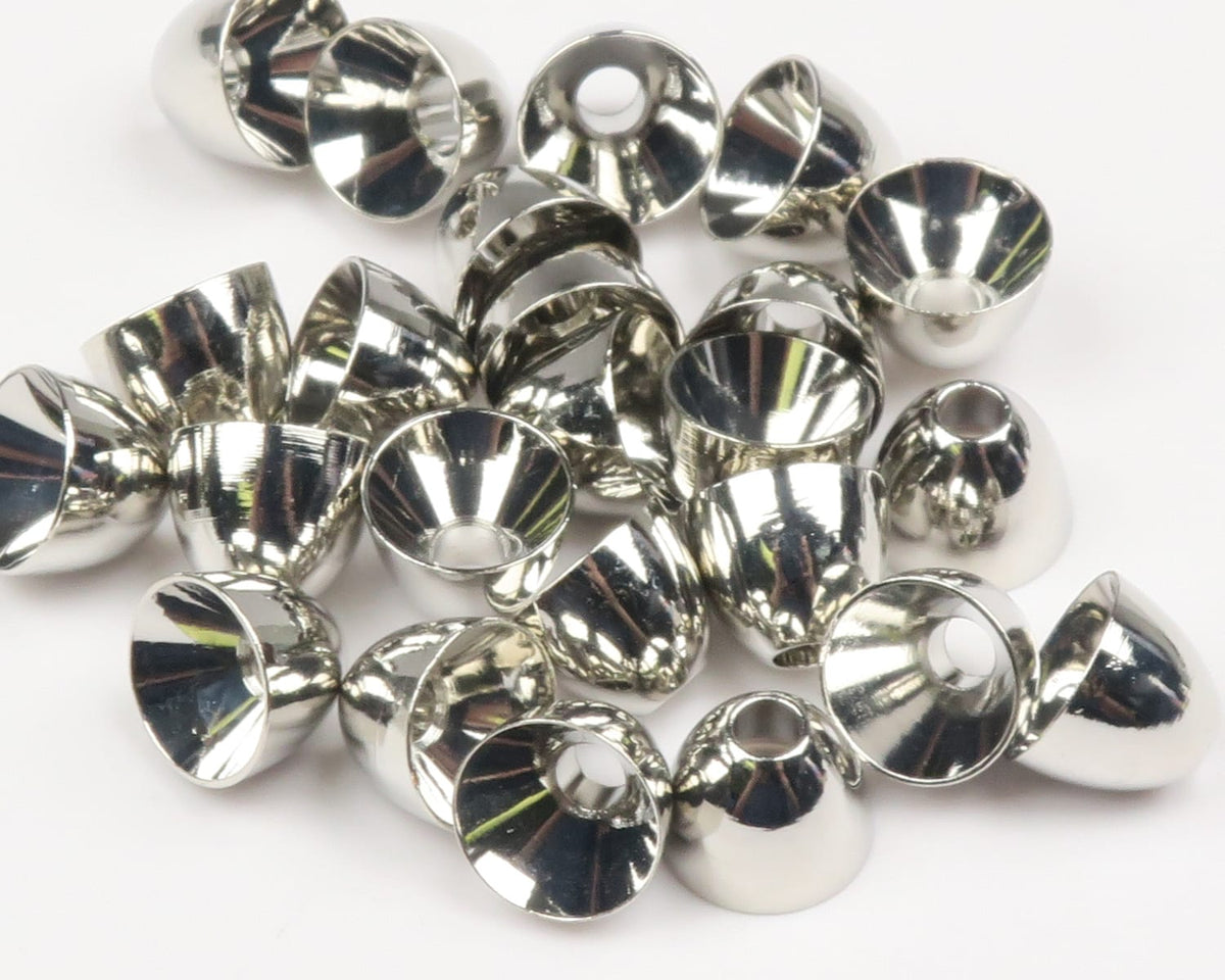 Hareline shiny brass cone heads for fly tying, reflective silver-colored conical metal heads with center holes