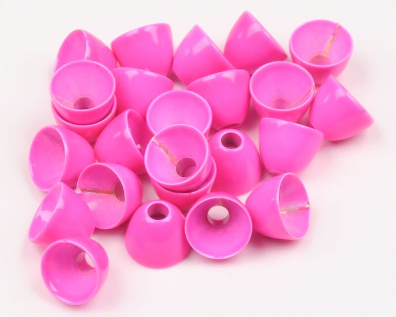 Hareline bright pink brass cone heads for fly tying, glossy hollow conical beads with center holes and trimmed slits