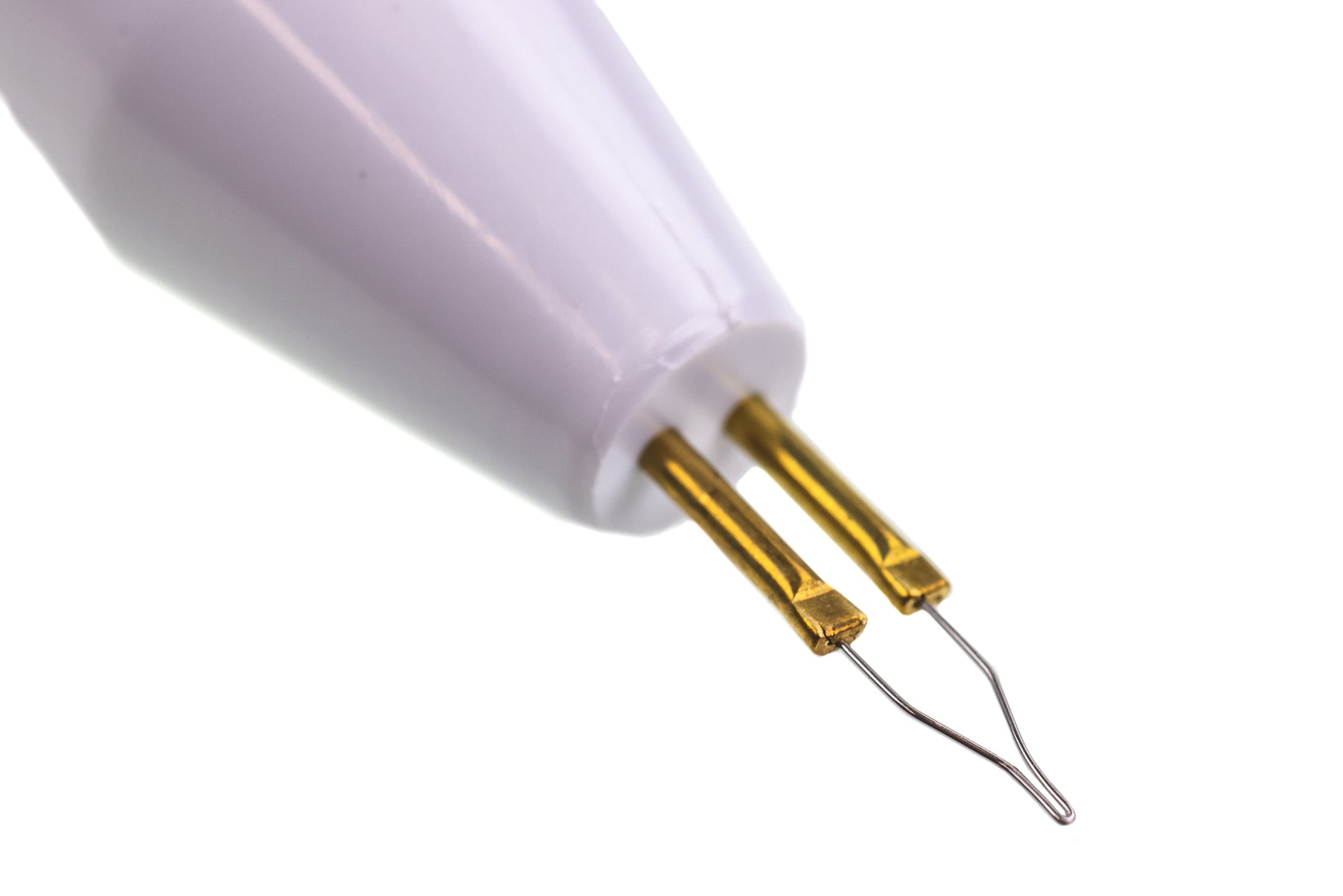 Hareline fly-tying cautery tool close-up: pale lavender plastic handle with two gold metal tips and fine wire loops