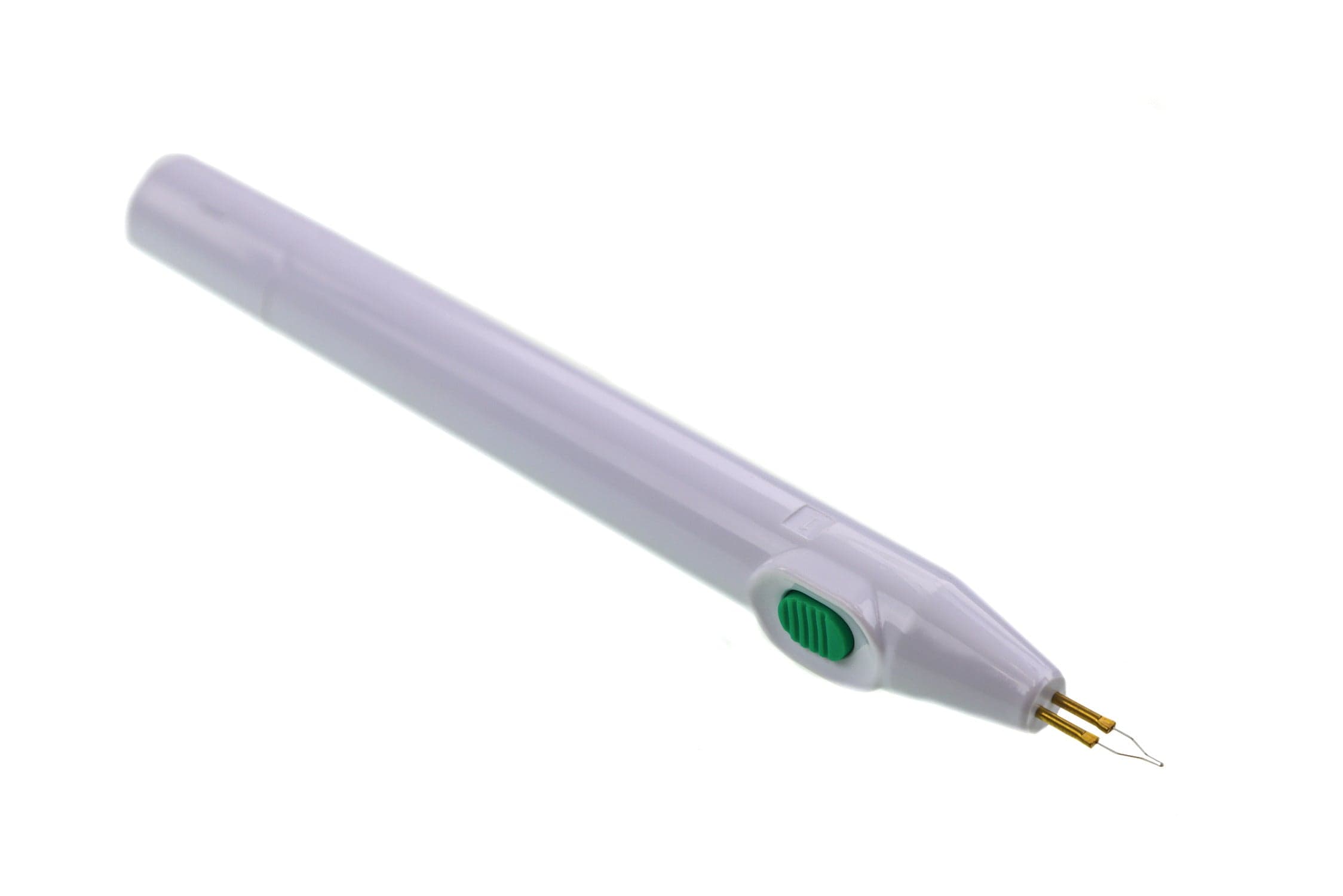 White pen-style Hareline cautery tool with green sliding button and gold twin prongs for fly tying