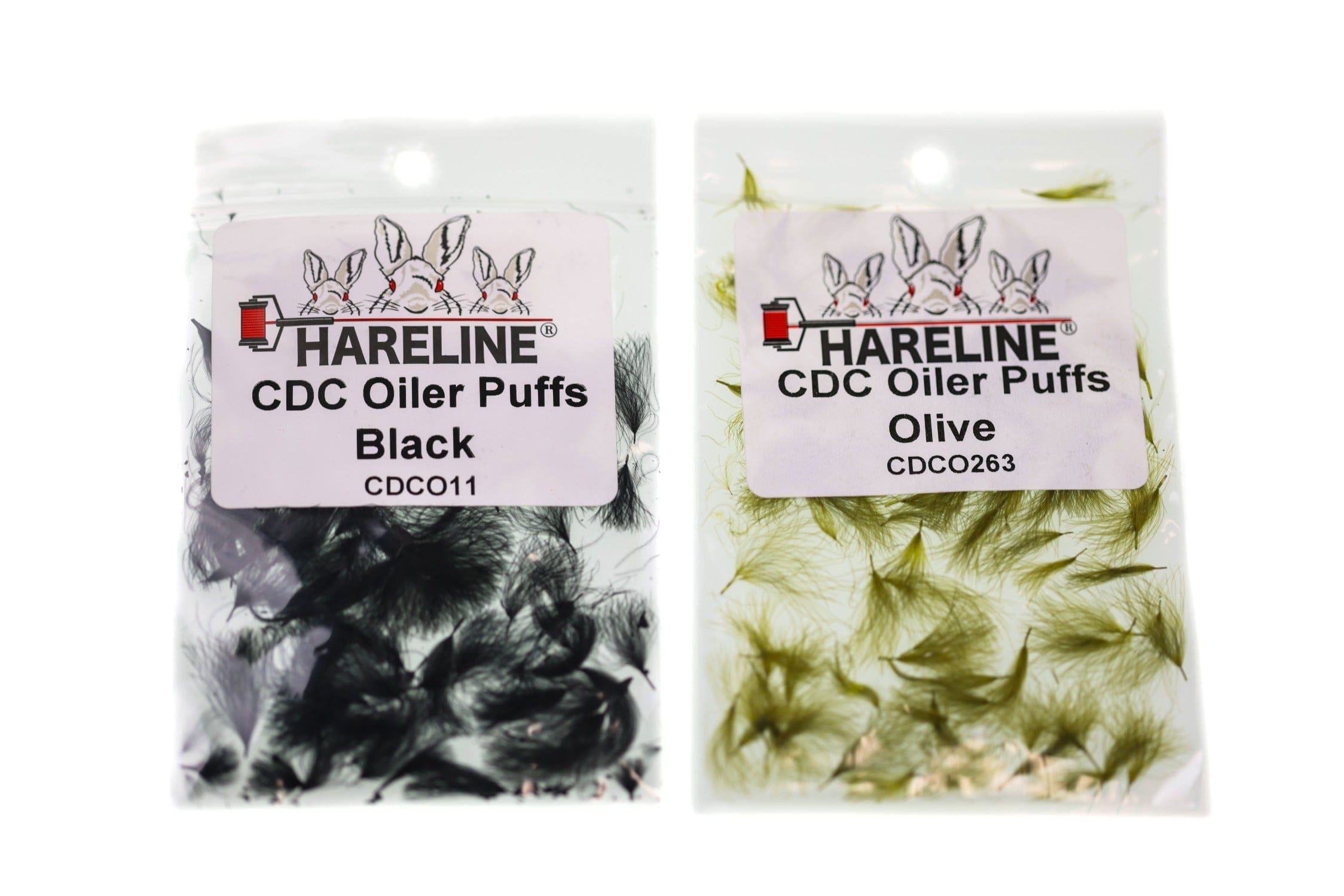 Hareline CDC Oiler Puffs packs, black and olive CDC feathers in clear plastic bags for fly tying