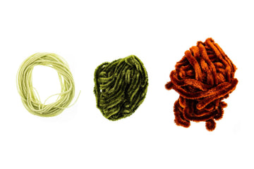 Hareline chenille bundles in pale chartreuse, olive green, and burnt orange, fuzzy fly tying material on white background