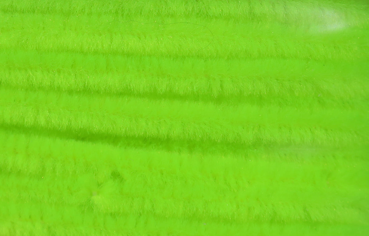 Bright chartreuse green Hareline chenille stems, fuzzy synthetic fibers for fly tying