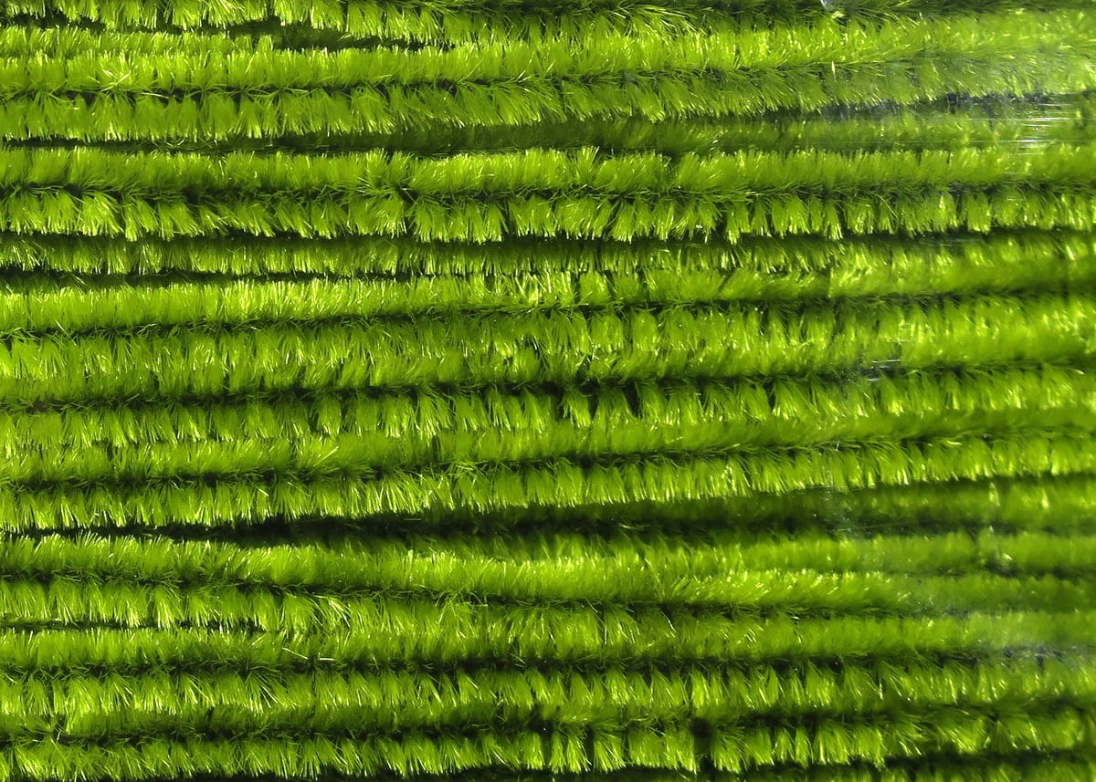 Bright chartreuse Hareline chenille strands with fuzzy, lustrous synthetic pile for fly tying