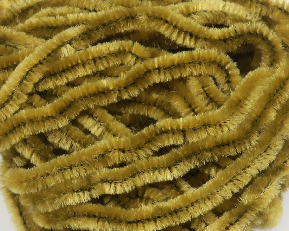 Hareline olive mustard chenille strands with dense furry texture and dark core, soft fly tying material