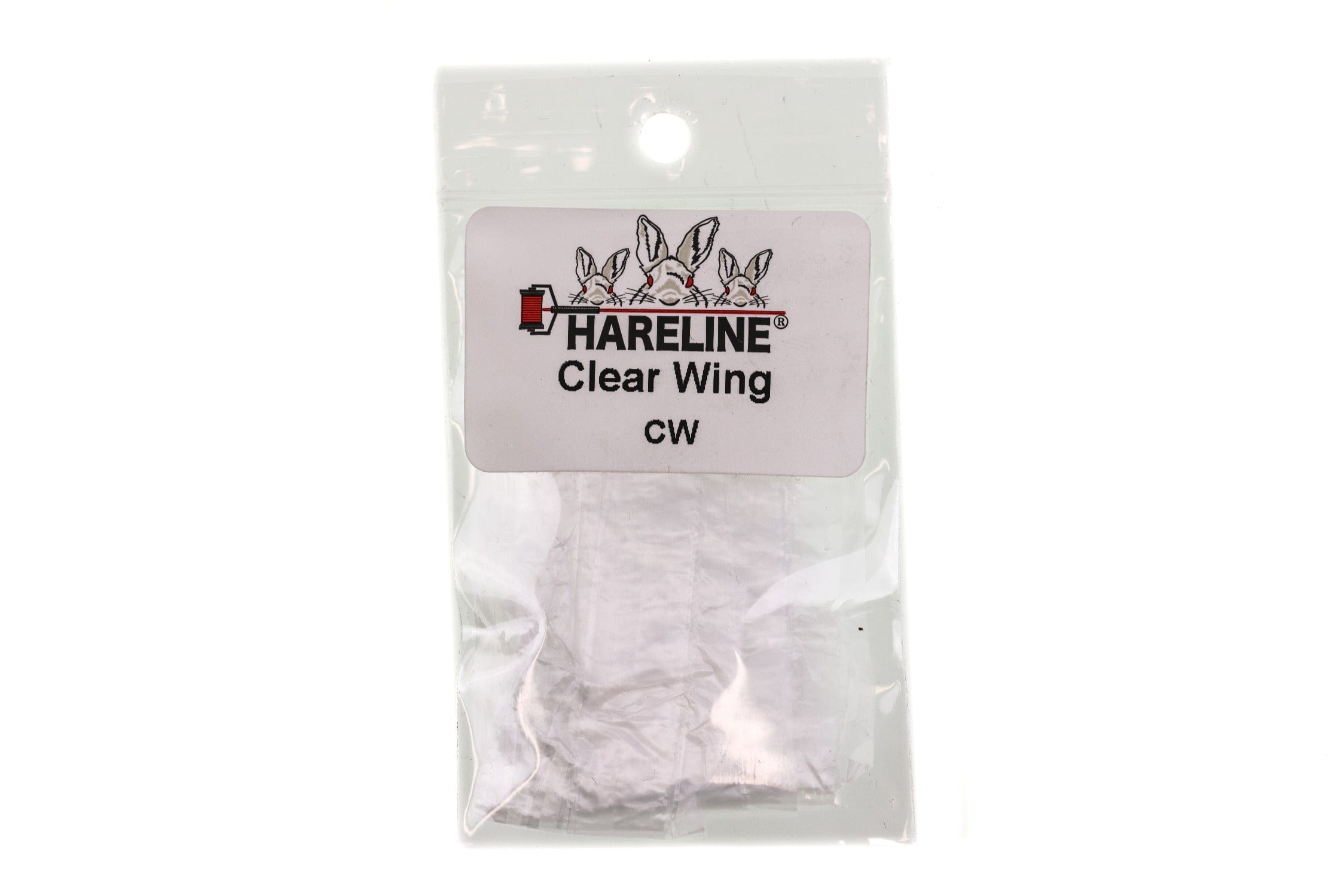 Hareline Clear Wing packet showing translucent white synthetic wing material in clear resealable bag for fly tying
