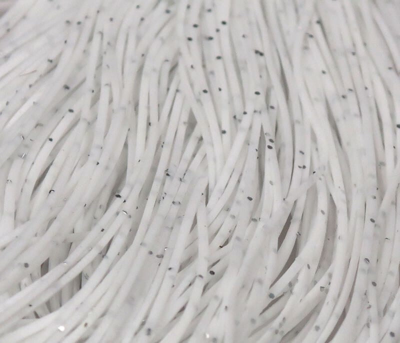 White rubber legs for fly tying, thin flexible silicone strands flecked with black and silver specks
