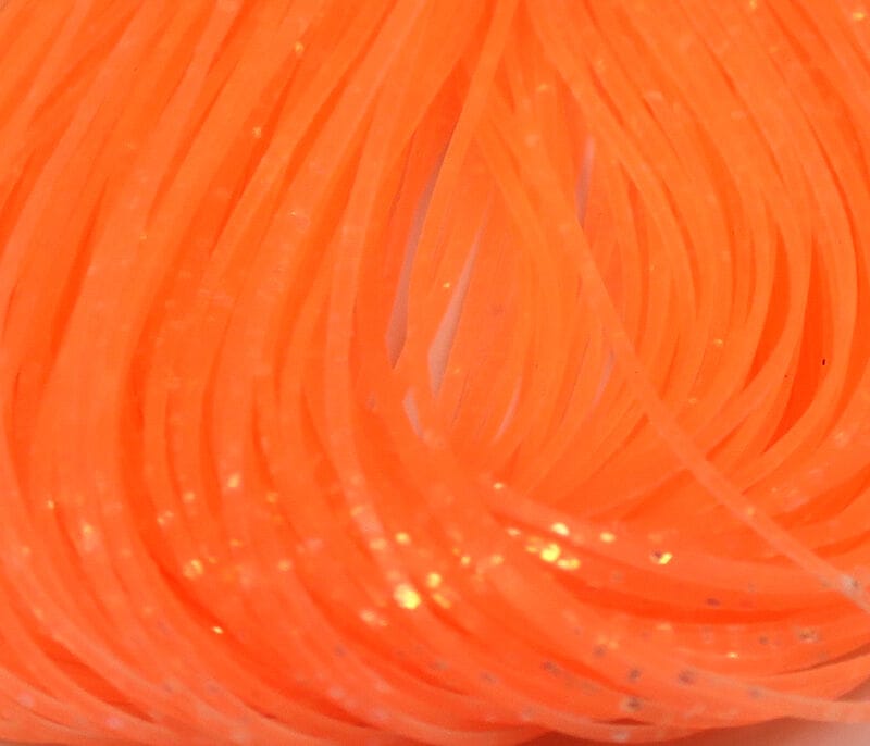 Hareline Crazy Legs fluorescent orange synthetic rubber legs with silver flake sparkle for fly tying