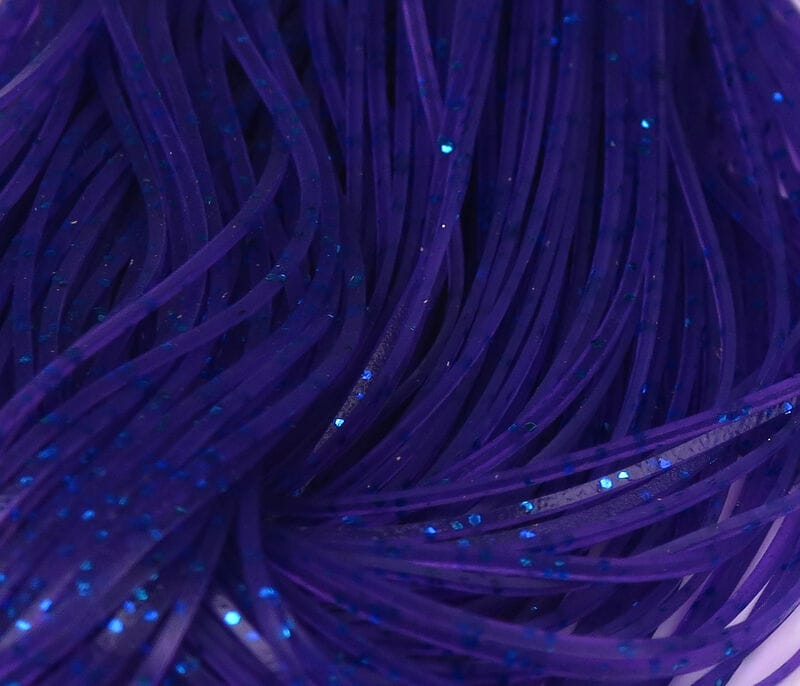 Deep purple Hareline Crazy Legs rubber strands with blue glitter flecks for fly tying