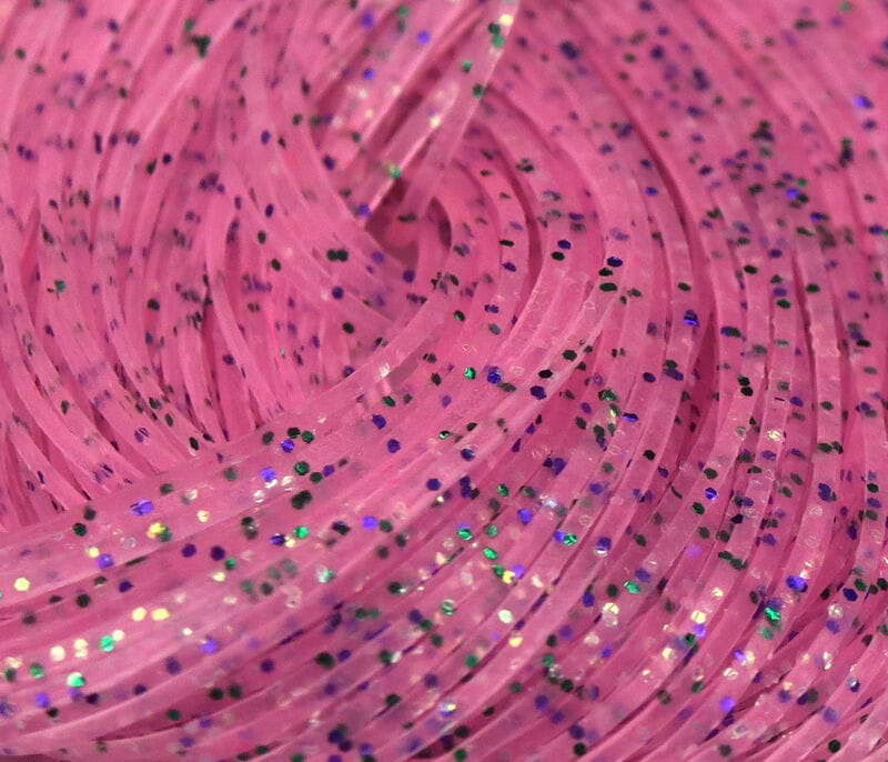 Hareline Crazy Legs pink translucent rubber fly tying legs with iridescent holographic glitter flecks