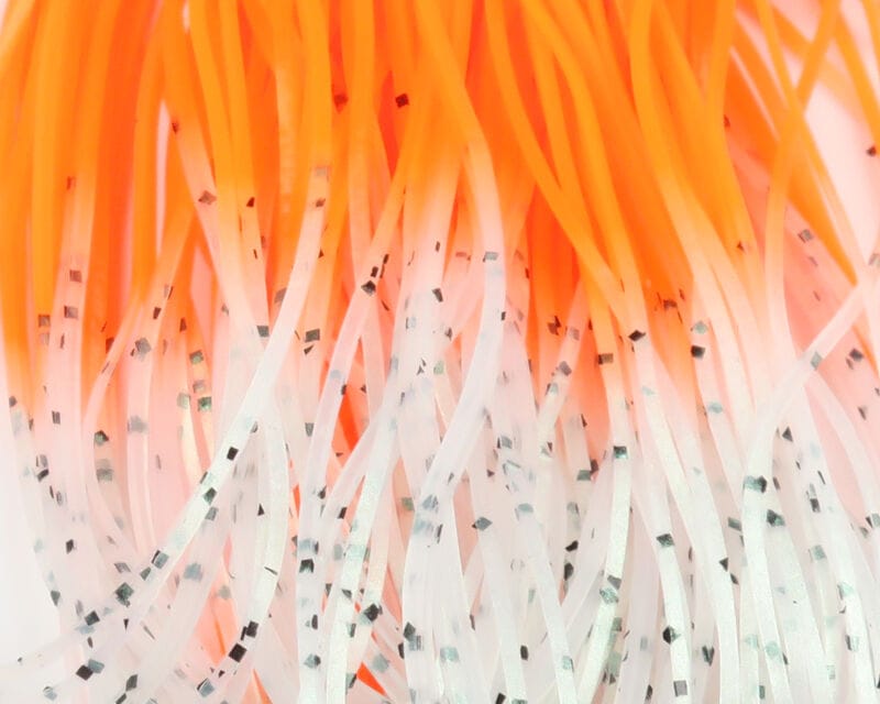 Hareline Crazy Legs orange-to-white silicone strands with silver flake sparkle, soft rubber fly tying material