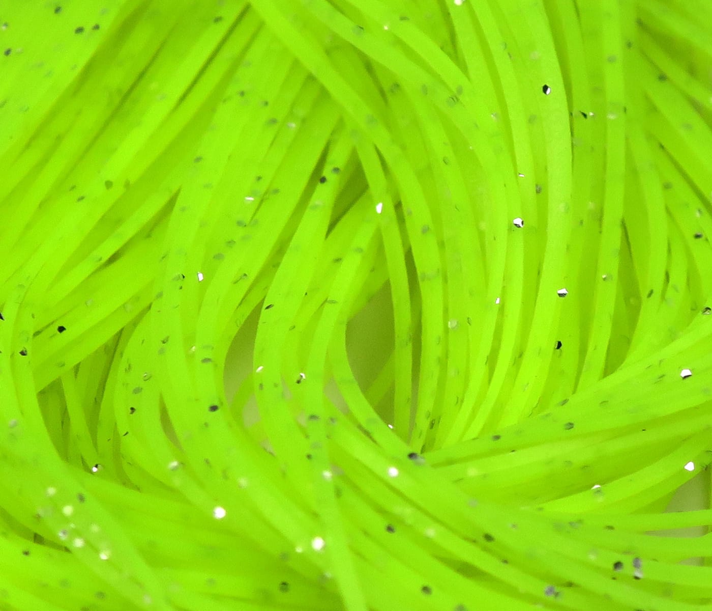 Hareline Crazy Legs chartreuse rubber legs strands with silver glitter flecks for fly tying