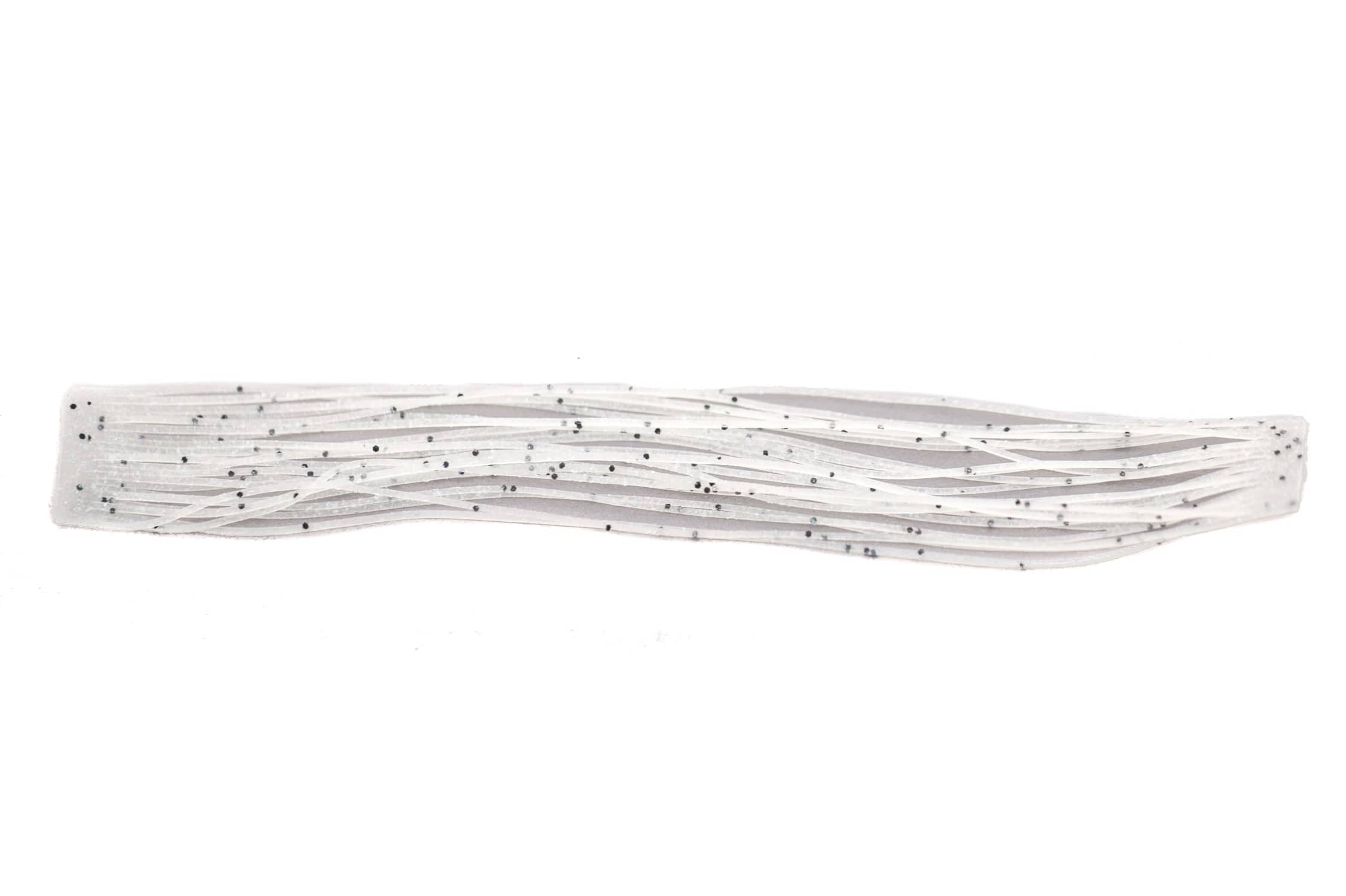Hareline Crazy Legs translucent white silicone skirt, long narrow strands with black/silver glitter flakes for fly tying