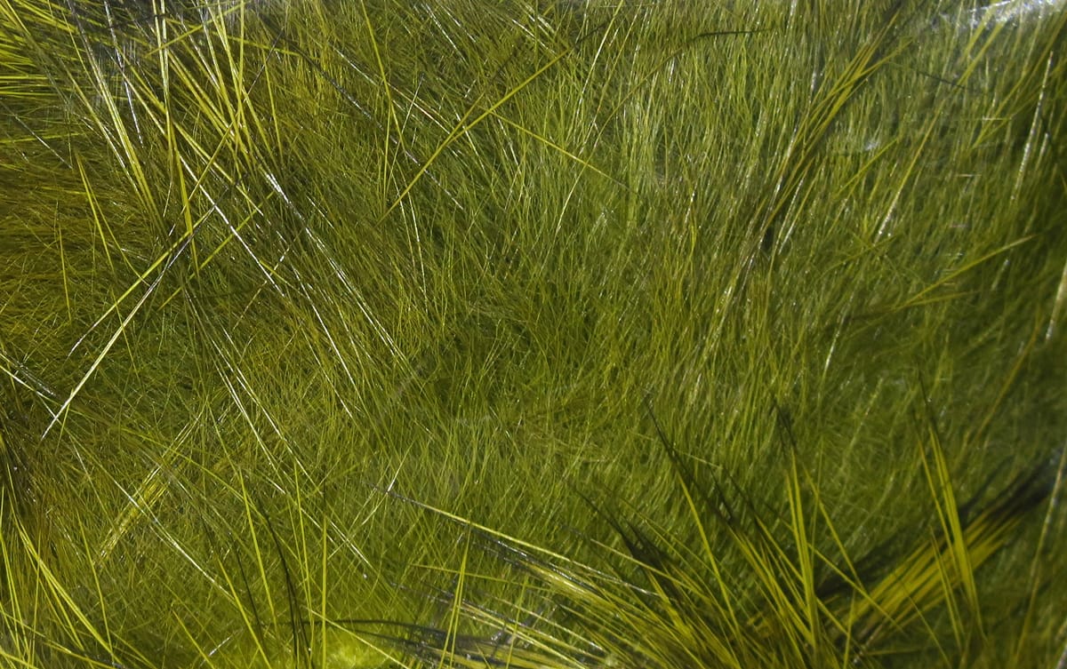 Olive green Hareline crosscut rabbit fur strips for fly tying, long soft glossy fur fibers