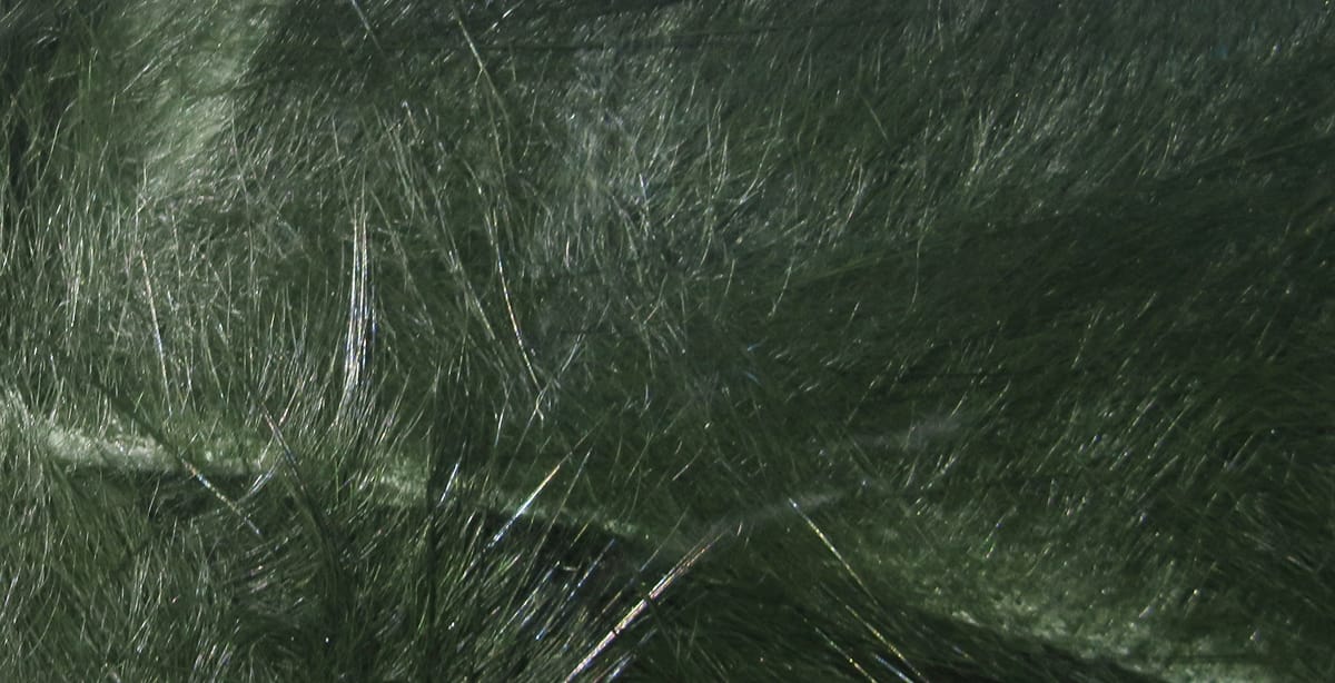 Olive green Hareline crosscut rabbit fur strips showing glossy guard hairs and dense soft underfur, ideal for fly tying.