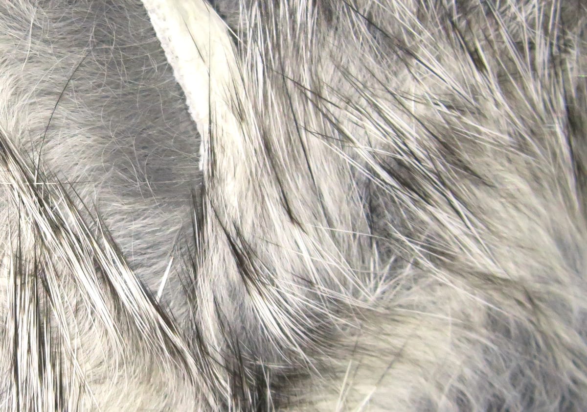 Gray and white crosscut rabbit fur strips, soft long guard hairs for fly tying