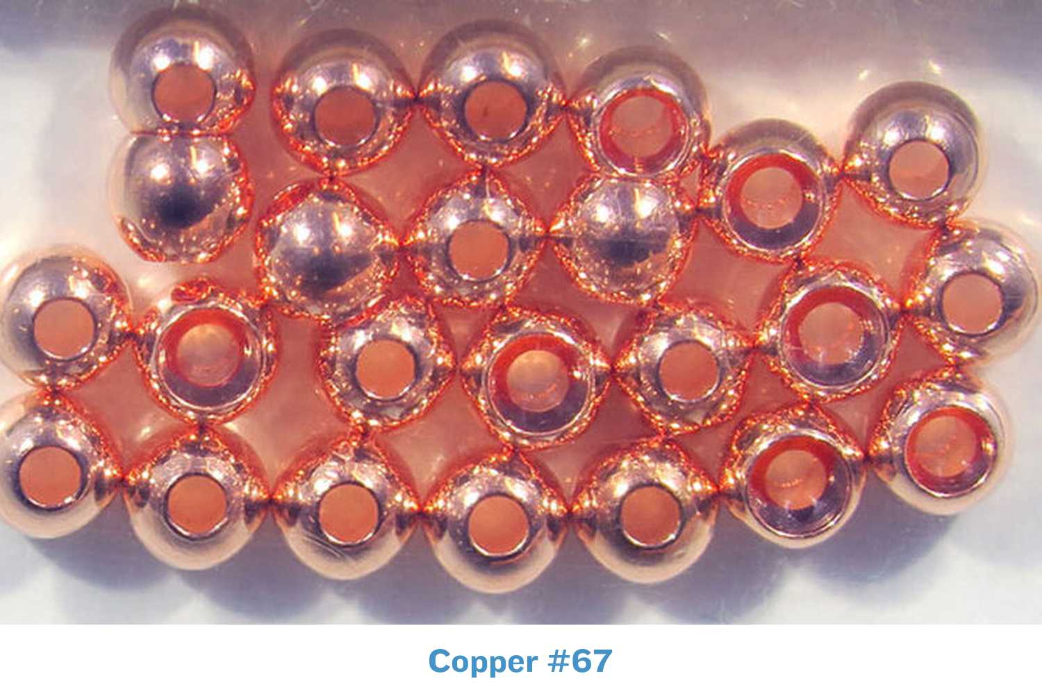 Shiny copper Hareline Cyclops bead eyes, hollow metal round beads with center hole for fly tying, reflective finish