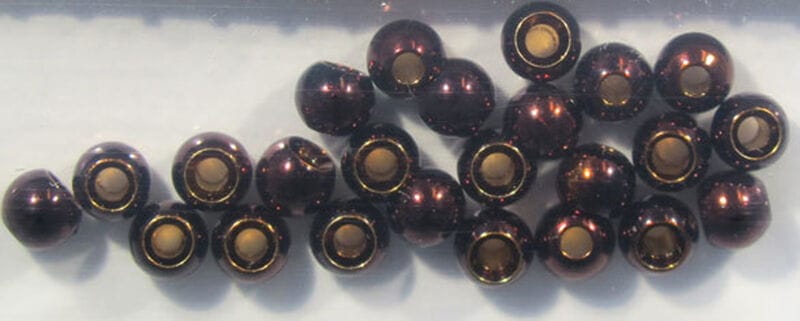 Hareline Dazzle brass beads for fly tying, glossy dark maroon metallic beads with gold brass-lined centers