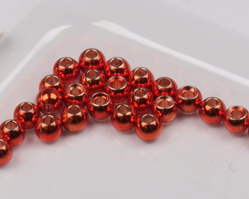 Hareline Dazzle brass beads, shiny metallic red-orange round beads for fly tying with large polished center holes