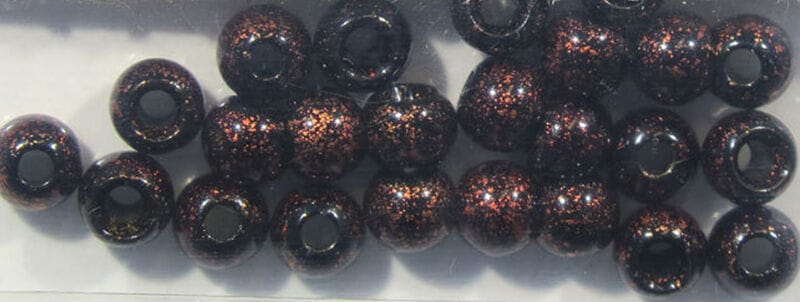 Hareline Dazzle brass beads for fly tying, glossy black round beads with copper glitter finish and center holes