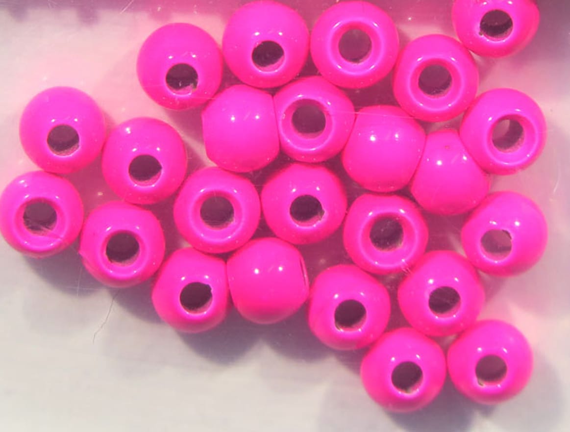 Hareline Dazzle brass fly tying beads, neon hot pink round metal beads with large center holes, glossy finish