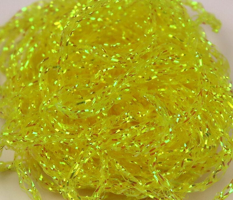 Hareline Diamond Braid neon chartreuse holographic synthetic braid with sparkling facets, tangled strands for fly tying