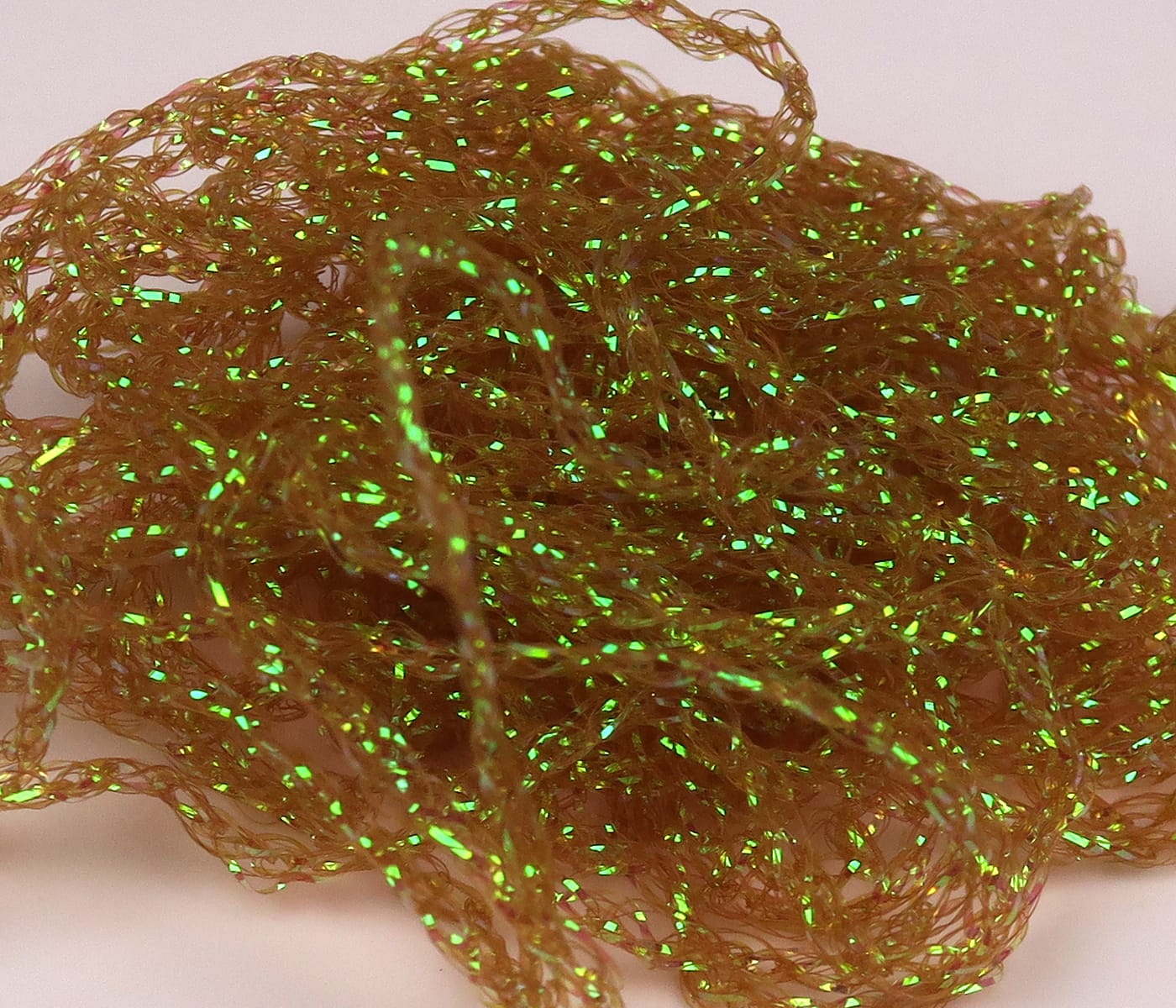 Hareline Diamond Braid olive brown synthetic braid with green iridescent flash for fly tying