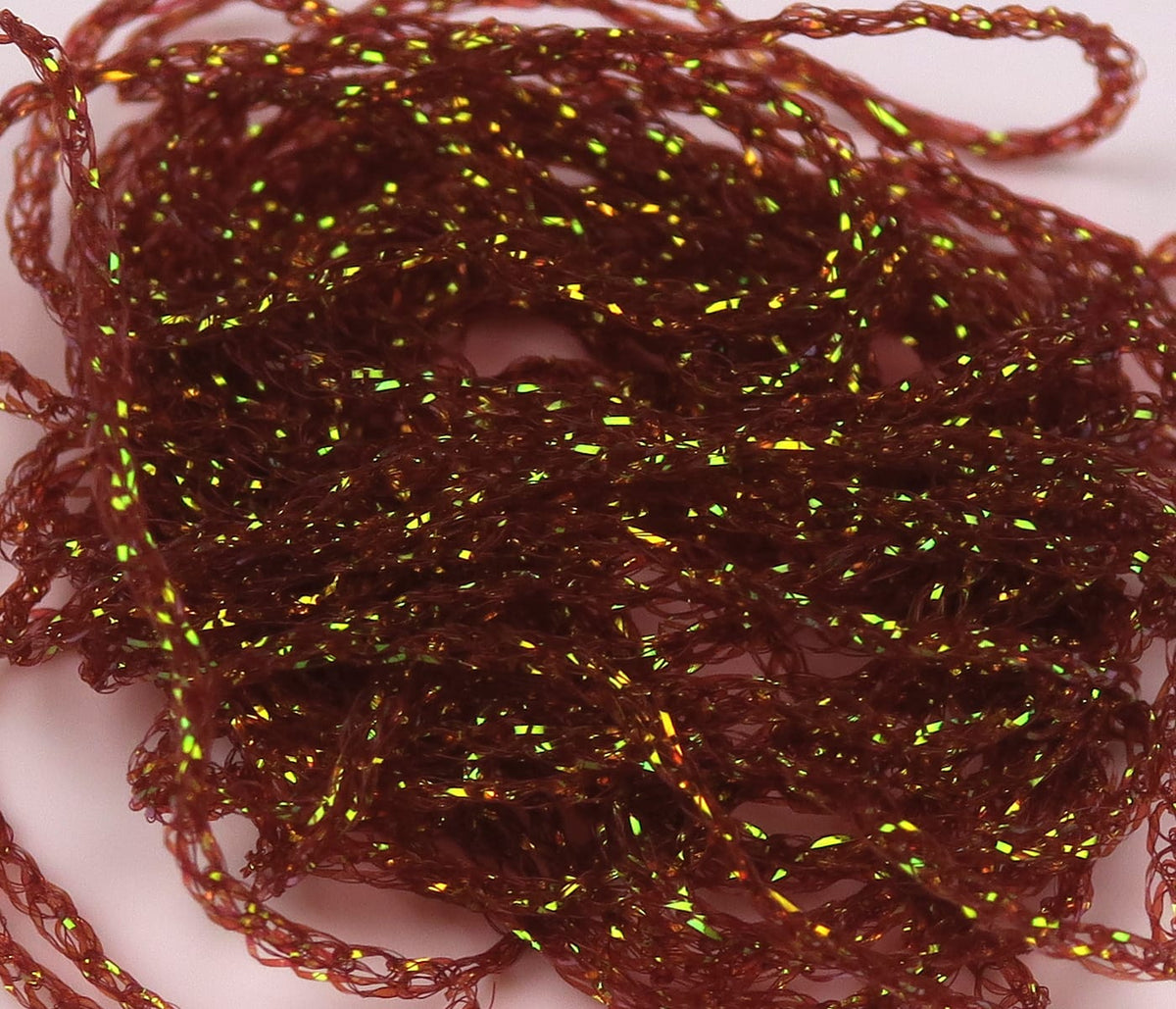 Hareline diamond braid copper brown with green-gold iridescent flashes, braided synthetic material for fly tying